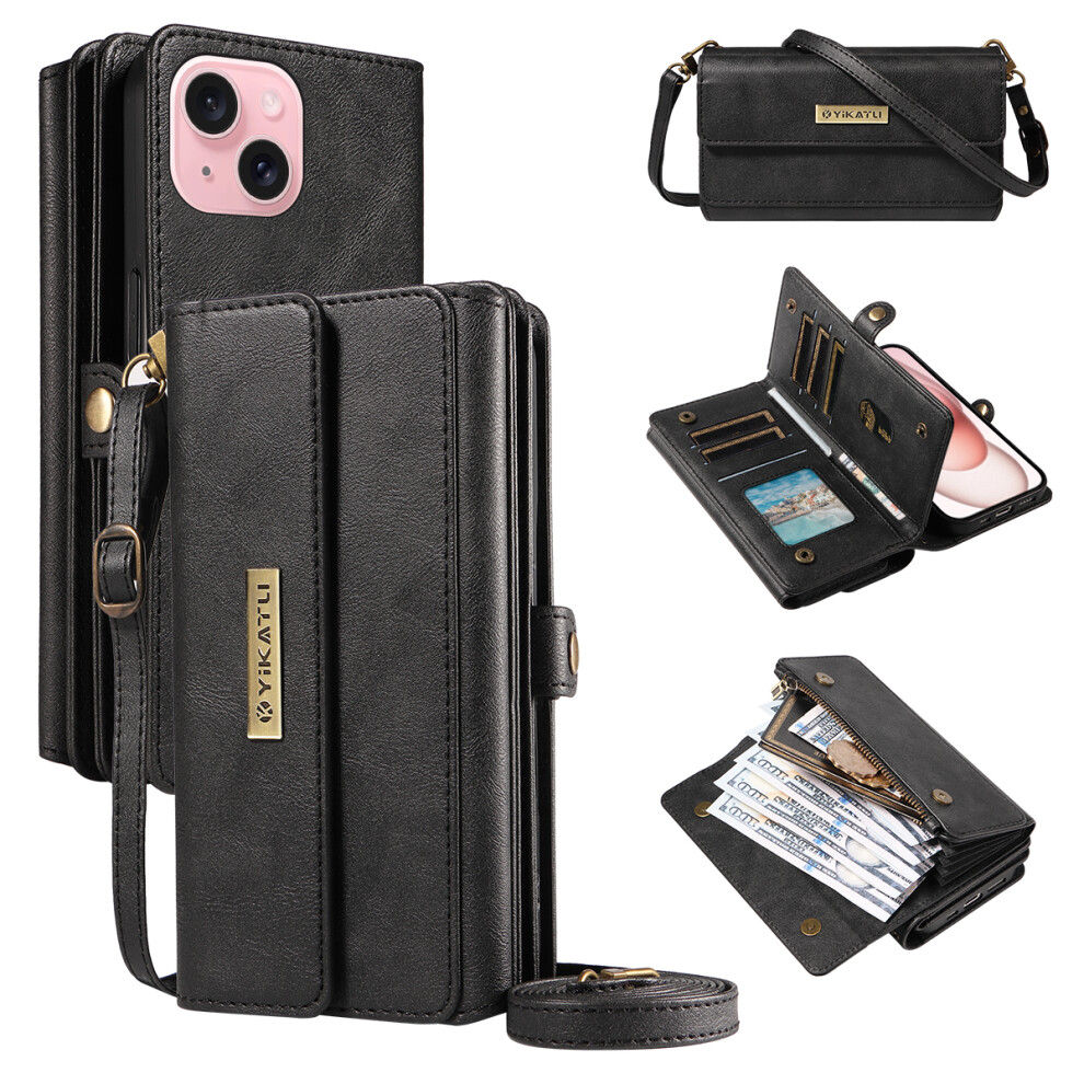 (Iphone 15, ) For Iphone 15 Case Yikatu Yk-008 Zipper Wallet Leather Phone Cover With Shoulder Strap Black 6914280112473