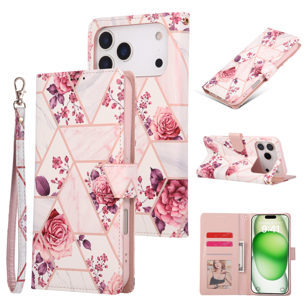 (Iphone 17 Pro, Rose ) For Iphone 17 Pro Case Lacquered Marble Pattern Leather Phone Cover With Wrist Strap Gold 6914280809793