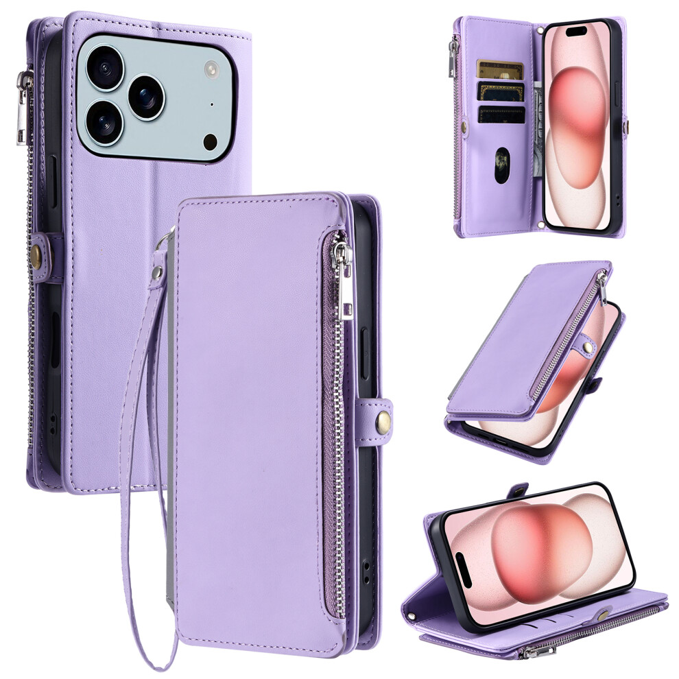 (Iphone 17 Pro Max, ) For Iphone 17 Pro Max Case Tpu+Pu Leather Wallet Phone Cover With Wrist Strap Purple 6914285443428