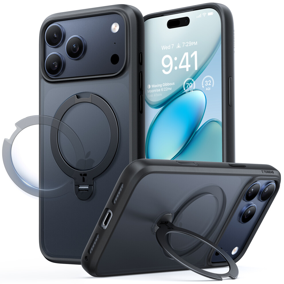 (Iphone 17 Pro, ) Torras For Iphone 17 Pro Case Magnetic Rotating Kickstand Pc+Tpu Phone Cover Black 6914284686635