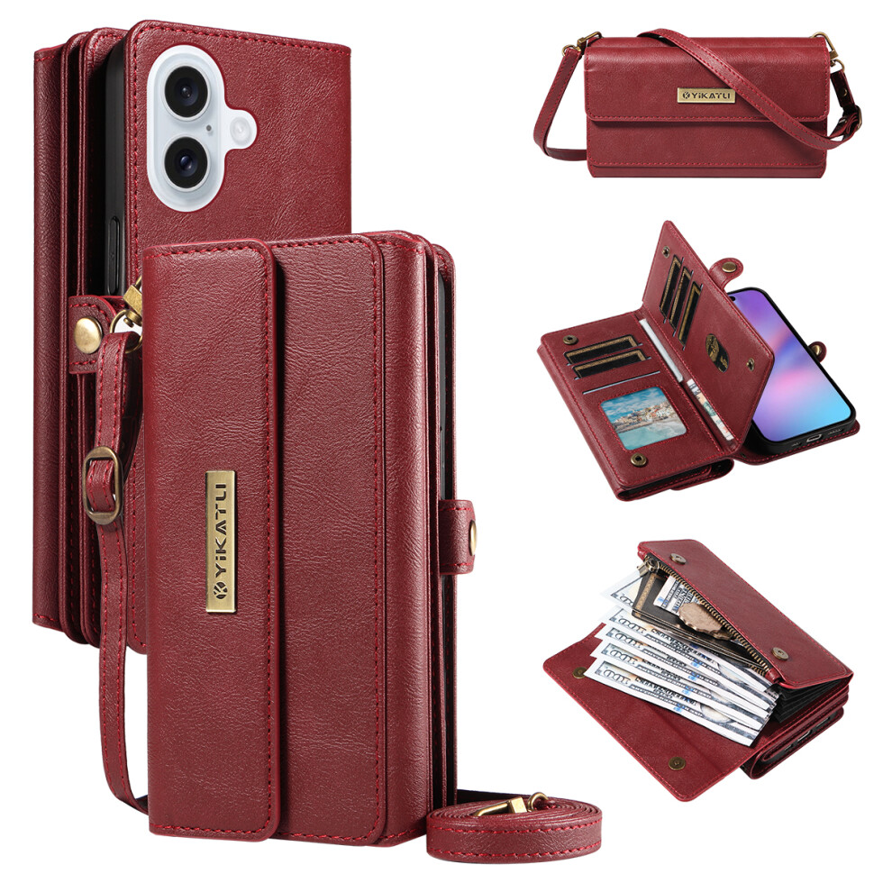 (Iphone 17, ) For Iphone 17 Case Yikatu Yk-008 Zipper Wallet Leather Phone Cover With Shoulder Strap Red 6914289658811