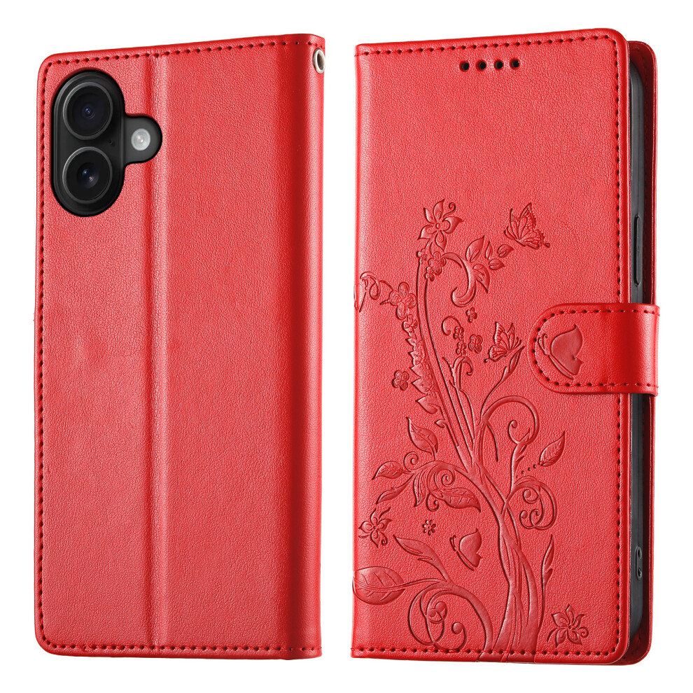 (Iphone 17, ) For Iphone 17 Wallet Case Butterfly Floral Imprint Pu Leather Phone Cover With Wrist Strap Red 6914286929266