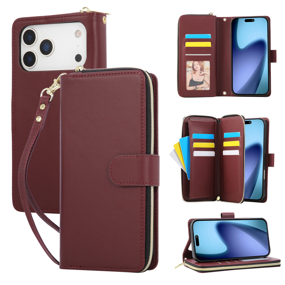(Iphone 17 Pro Max, Wine ) For Iphone 17 Pro Max Case 9 Card Slots Zipper Pocket Pu Leather Cover With Wrist Strap Red 6914284593612