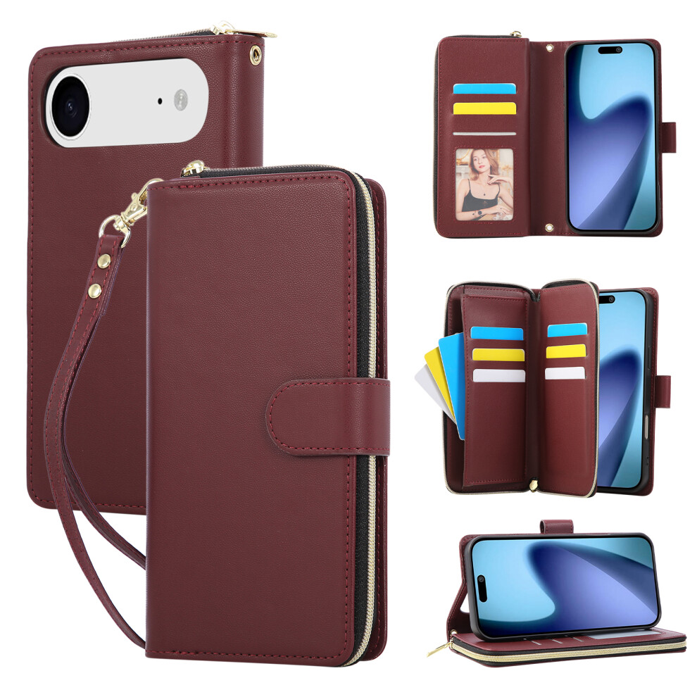 (Iphone Air, Wine ) For Iphone Air Case 9 Card Slots Zipper Pocket Pu Leather Cover With Wrist Strap Red 6914283851591