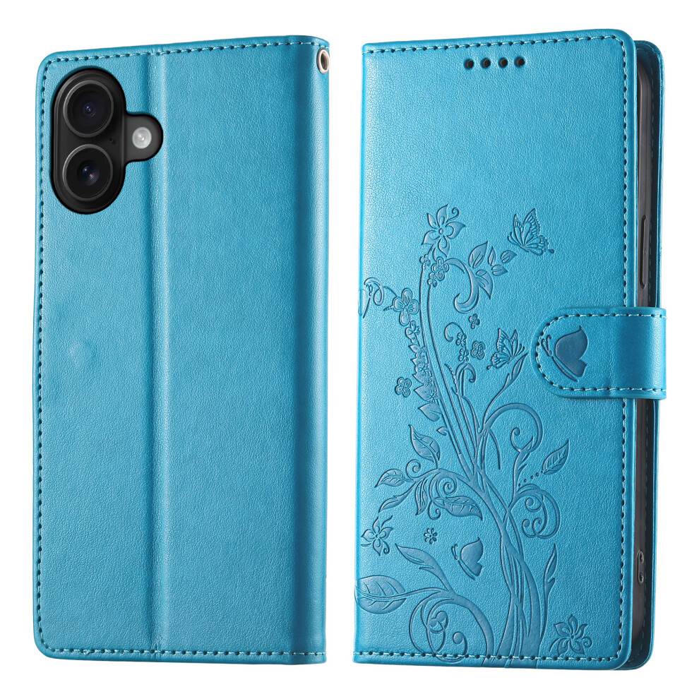 (Iphone 17, ) For Iphone 17 Wallet Case Butterfly Floral Imprint Pu Leather Phone Cover With Wrist Strap Blue 6914286986337