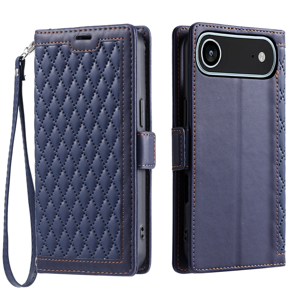 (Iphone Air, ) For Iphone Air Leather Case Rhombus Texture Wallet Stand Phone Cover With Wrist Strap Blue 6914284823740