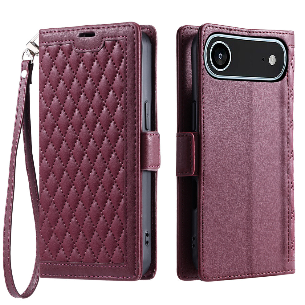 (Iphone Air, Wine ) For Iphone Air Leather Case Rhombus Texture Wallet Stand Phone Cover With Wrist Strap Red 6914286576903