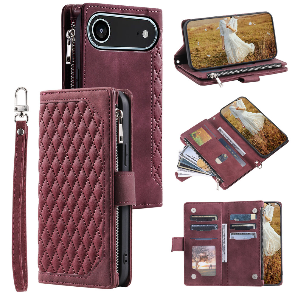 (Iphone Air, Wine ) For Iphone Air Wallet Case Rhombus Stitching Line Pu Leather Phone Cover With Wrist Strap Red 6914282362241