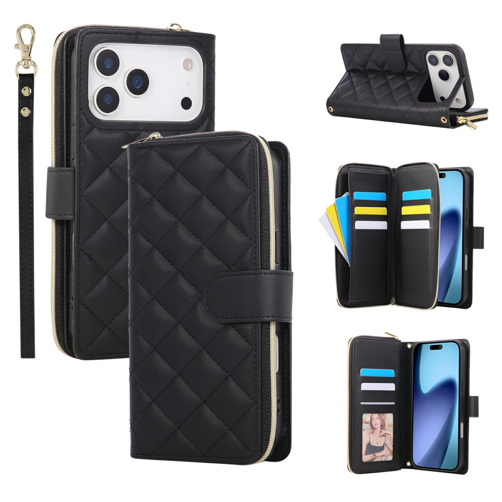 (Iphone 17 Pro Max, ) For Iphone 17 Pro Max Case Zipper Wallet Rhombus Pu Leather Crossbody Phone Cover Black 6914288104449