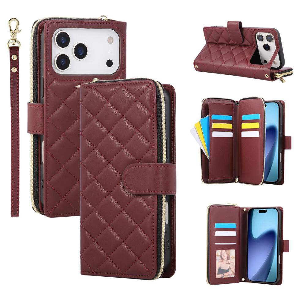 (Iphone 17 Pro, Wine ) For Iphone 17 Pro Case Zipper Wallet Rhombus Pu Leather Crossbody Phone Cover Red 6914280056289