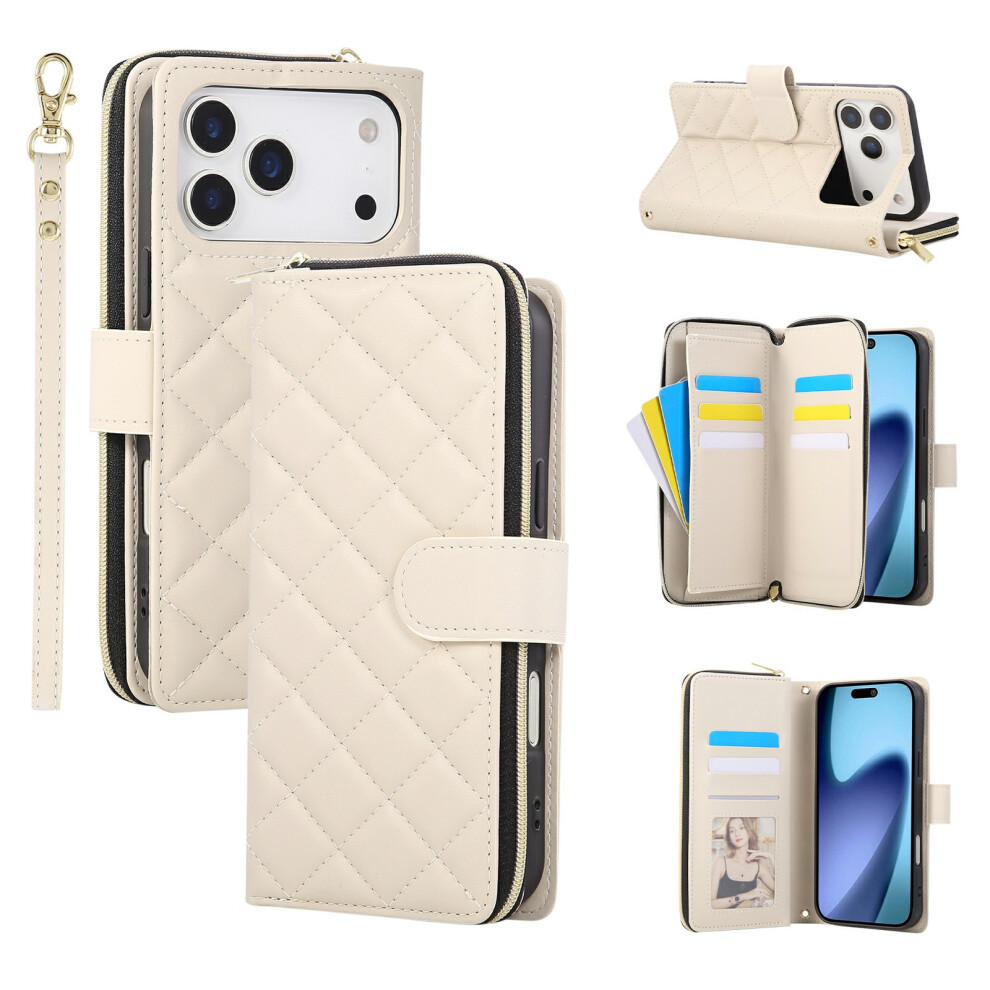 (Iphone 17 Pro, Beige) For Iphone 17 Pro Case Zipper Wallet Rhombus Pu Leather Crossbody Phone Cover Cream 6914287796416