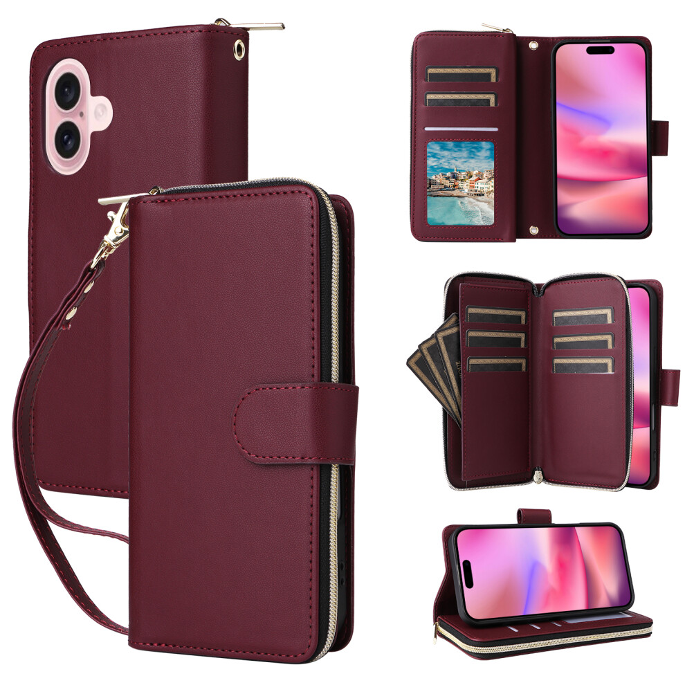 (Iphone 17, Wine ) For Iphone 17 Case 9 Card Slots Zipper Pocket Pu Leather Cover With Wrist Strap Red 6914281528952