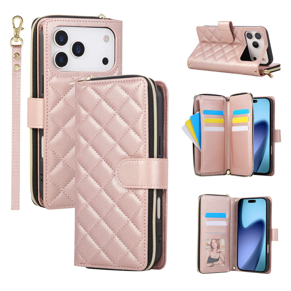 (Iphone 17 Pro Max, Rose ) For Iphone 17 Pro Max Case Zipper Wallet Rhombus Pu Leather Crossbody Phone Cover Gold 6914280849430