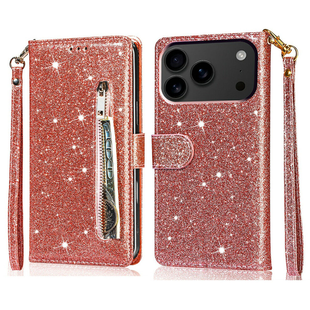 (Iphone 17 Pro Max, Rose ) For Iphone 17 Pro Max Stand Case Glitter Phone Leather Cover Zipper Pocket Gold 6914289183450
