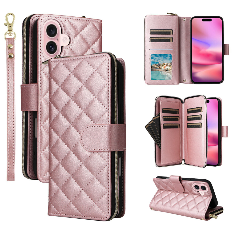 (Iphone 17, Rose ) For Iphone 17 Case Zipper Wallet Rhombus Pu Leather Crossbody Phone Cover Gold 6914280675725