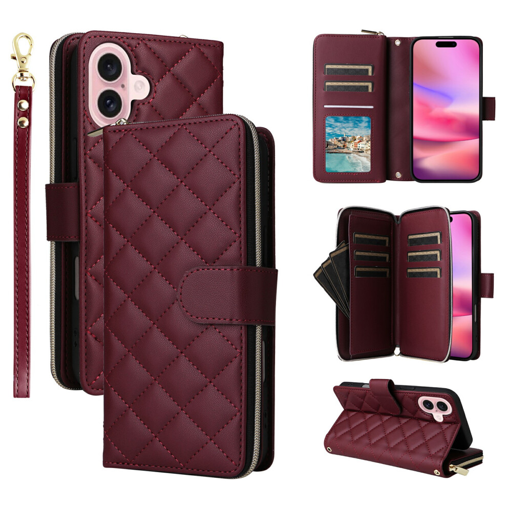 (Iphone 17, Wine ) For Iphone 17 Case Zipper Wallet Rhombus Pu Leather Crossbody Phone Cover Red 6914289499889