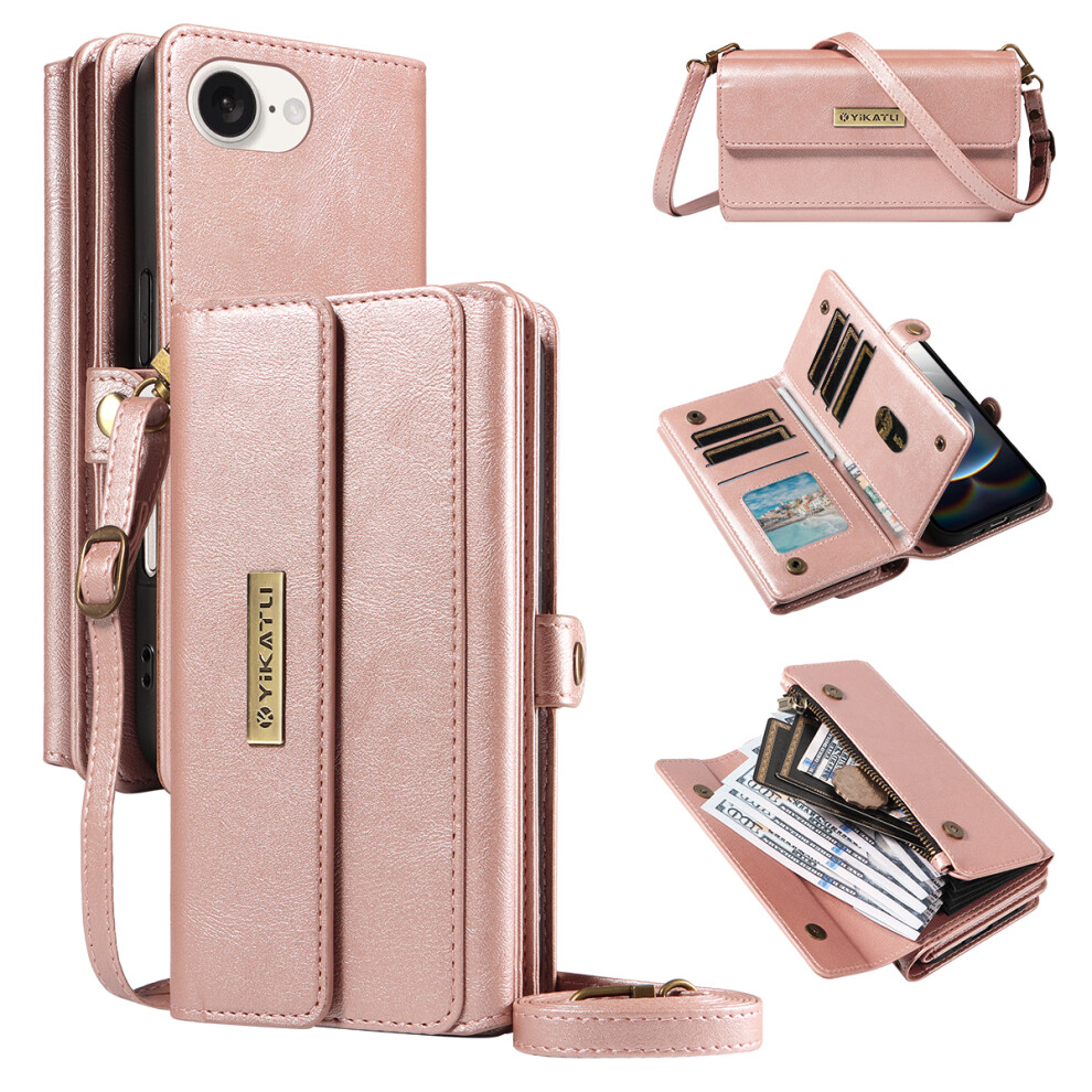 (Iphone 16E, Rose ) For Iphone 16E Case Yikatu Yk-008 Zipper Wallet Leather Phone Cover With Shoulder Strap Gold 6914285965838