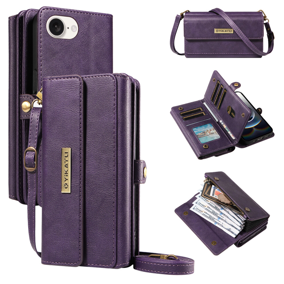 (Iphone 16E, ) For Iphone 16E Case Yikatu Yk-008 Zipper Wallet Leather Phone Cover With Shoulder Strap Purple 6914287527461