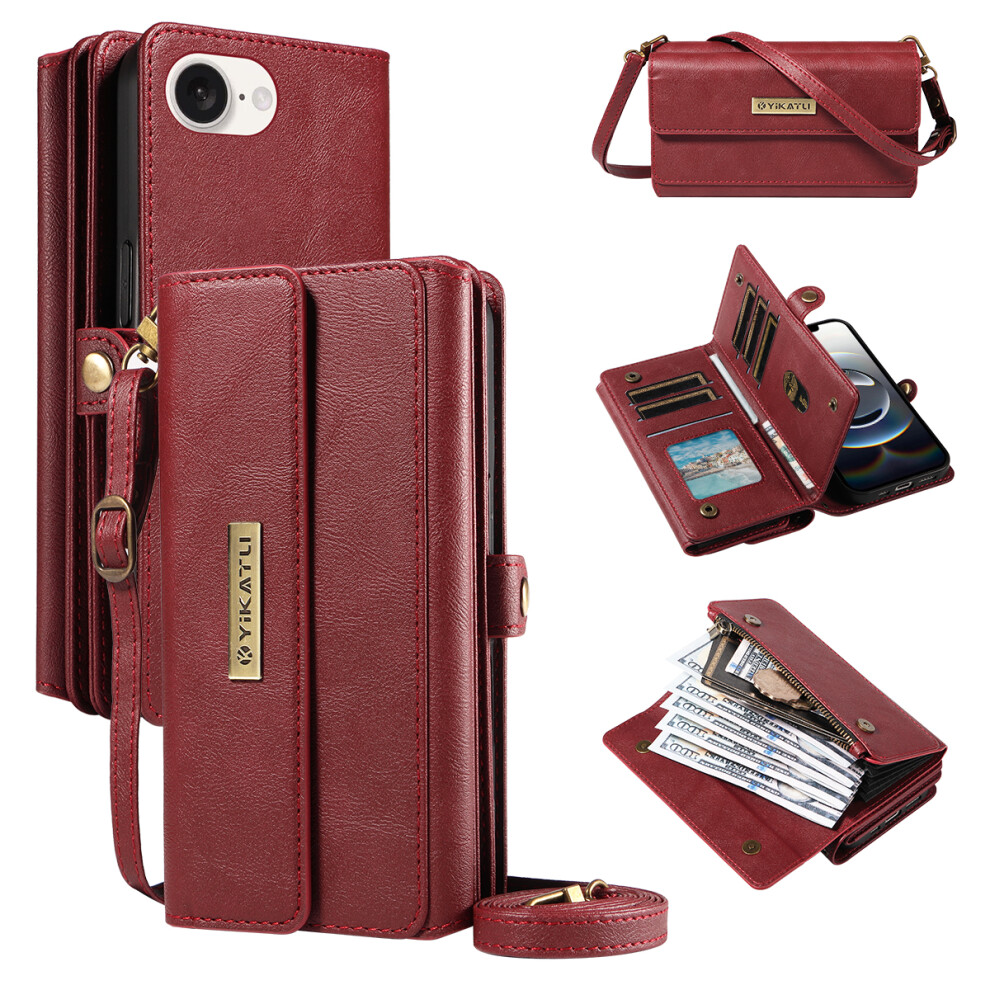 (Iphone 16E, ) For Iphone 16E Case Yikatu Yk-008 Zipper Wallet Leather Phone Cover With Shoulder Strap Red 6914289064919