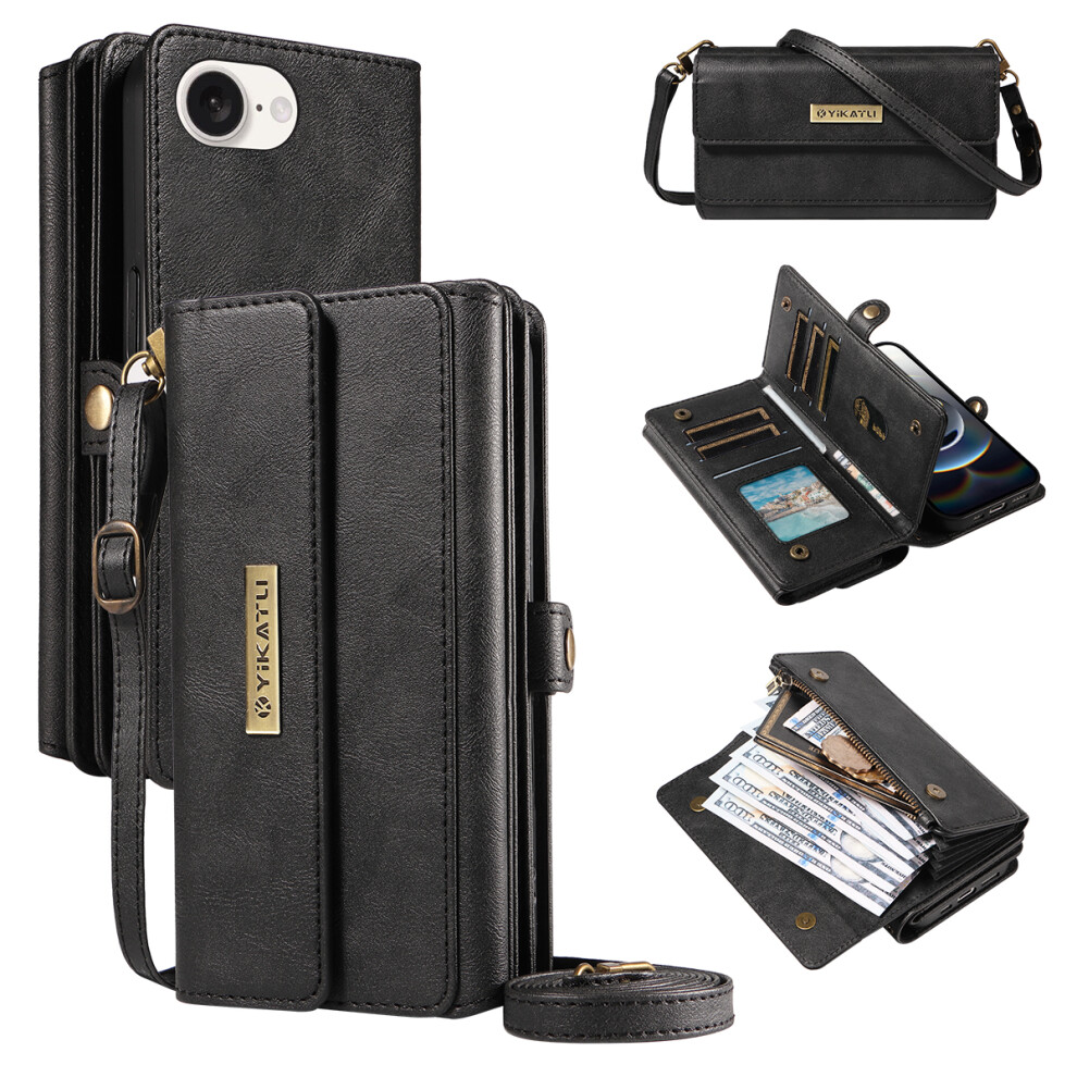 (Iphone 16E, ) For Iphone 16E Case Yikatu Yk-008 Zipper Wallet Leather Phone Cover With Shoulder Strap Black 6914282652960
