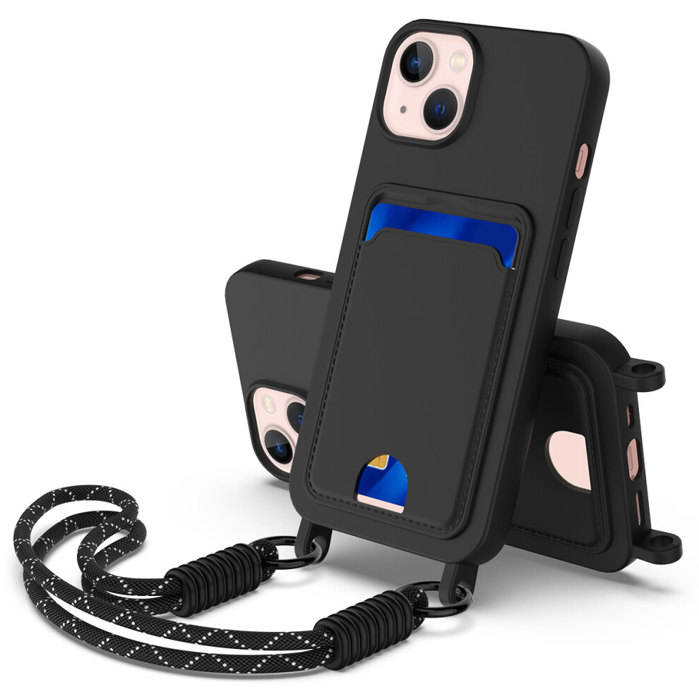 (Iphone 14, ) For Iphone 13 6.1 Inch/Iphone 14 Liquid Silicone Case Phone Back Cover With Card Holder And Short Strap Black 6914285064173