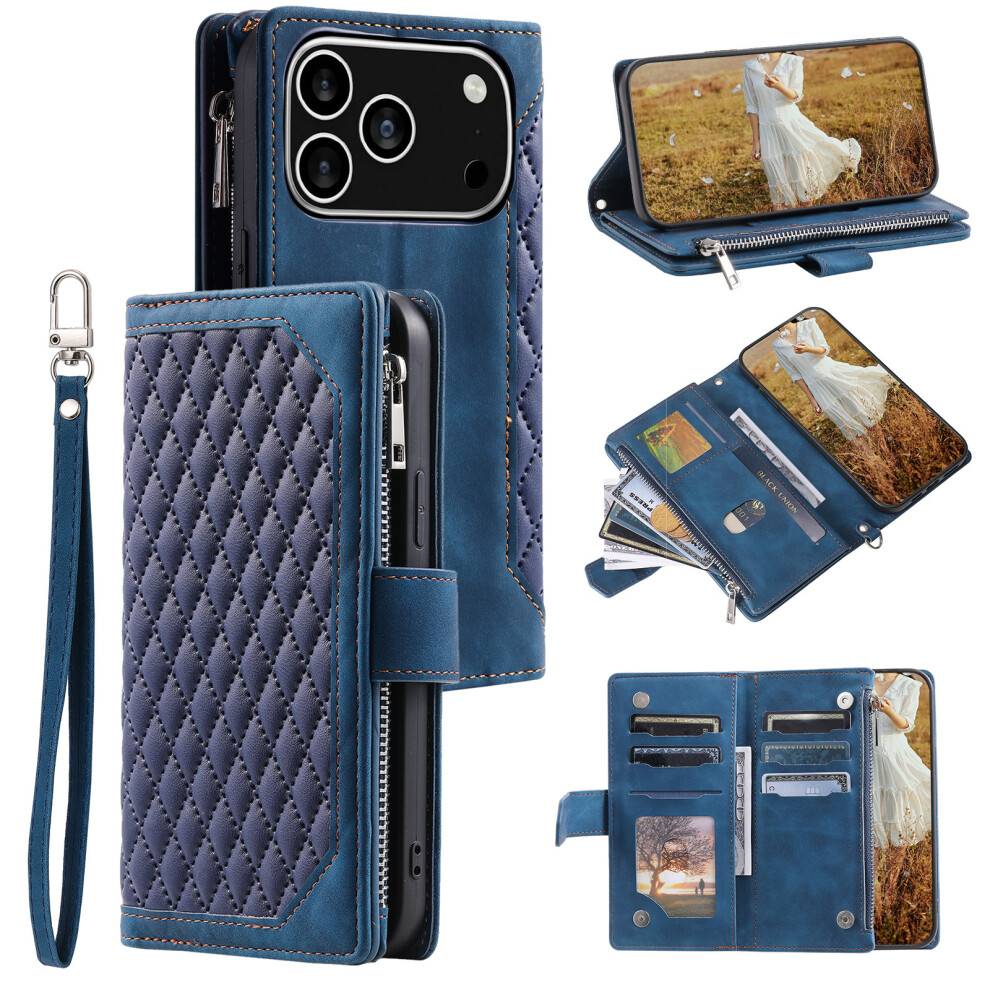 (Iphone 17 Pro, ) For Iphone 17 Pro Wallet Case Rhombus Stitching Line Pu Leather Phone Cover With Wrist Strap Blue 6914289425550