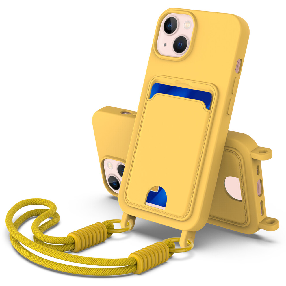 (Iphone 14, ) For Iphone 13 6.1 Inch/Iphone 14 Liquid Silicone Case Phone Back Cover With Card Holder And Short Strap Yellow 6914288376655