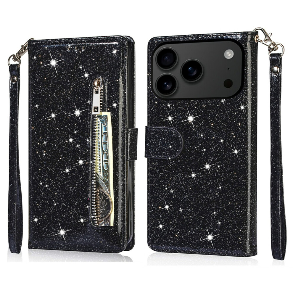 (Iphone 17 Pro, ) For Iphone 17 Pro Stand Case Glitter Phone Leather Cover Zipper Pocket Black 6914284723354