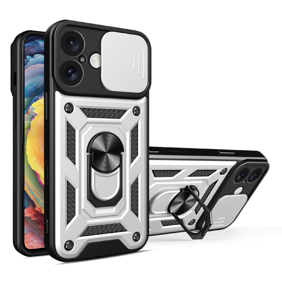(Iphone 16, ) Amorus Kickstand Case For Iphone 16 Pc+Tpu Phone Cover With Camera Lens Slider Silver 6914287824973