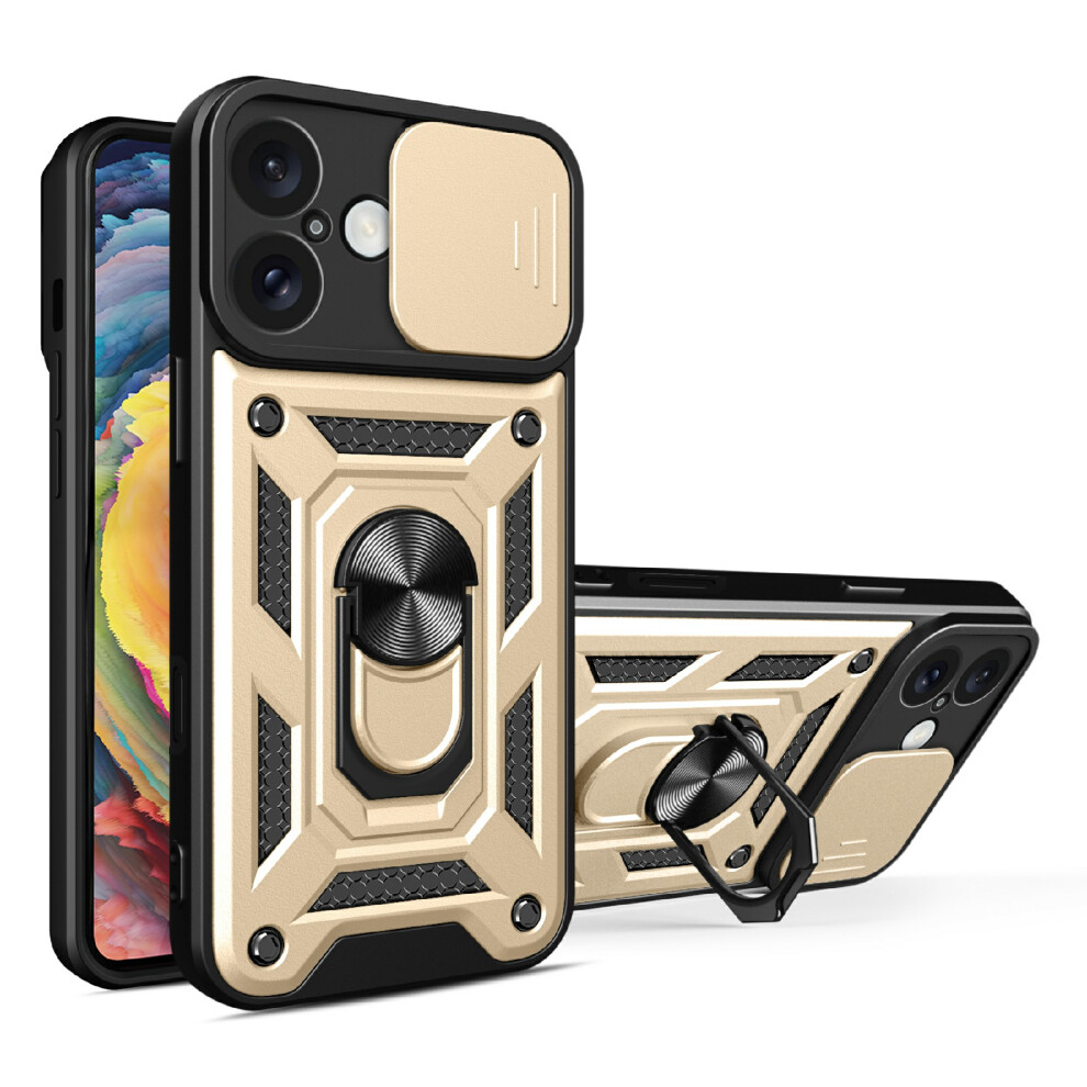 (Iphone 16, ) Amorus Kickstand Case For Iphone 16 Pc+Tpu Phone Cover With Camera Lens Slider Gold 6914288784757