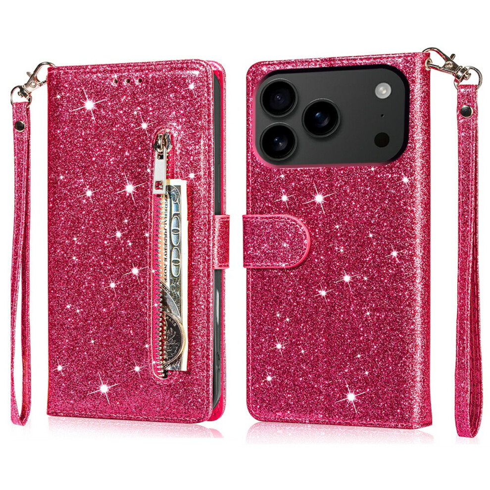 (Iphone 17 Pro, Rose) For Iphone 17 Pro Stand Case Glitter Phone Leather Cover Zipper Pocket 6914288169011