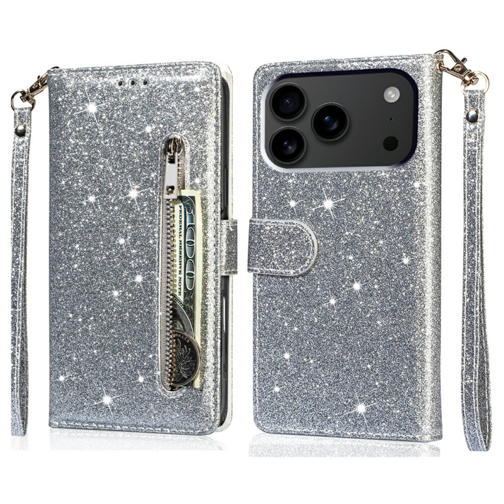 (Iphone 17 Pro, ) For Iphone 17 Pro Stand Case Glitter Phone Leather Cover Zipper Pocket Silver 6914286359551