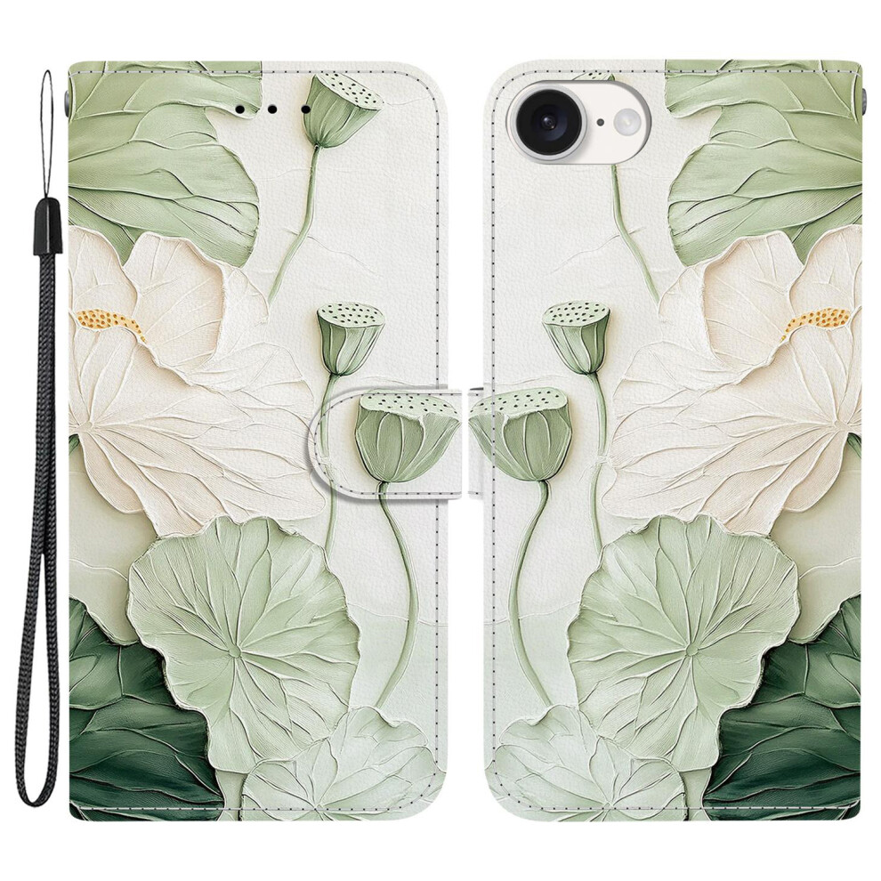 (Iphone 16E, Lotus) For Iphone 16E Wallet Case Pattern Printing Leather Stand Phone Cover With Strap 6914281298831
