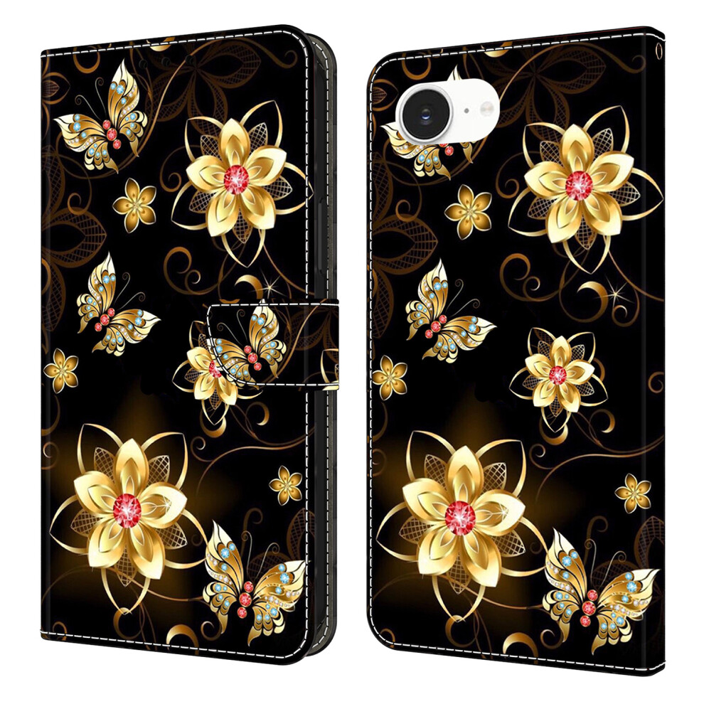 (Iphone 16E, Flowers And Butterflies) For Iphone 16E Wallet Case Pattern Printing Pu Leather Flip Stand Phone Cover Golden 6914284665784
