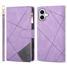 (iPhone 17, Purple) For iPhone 17 Wallet Case Color Splicing Leather Phone Cover with Stand