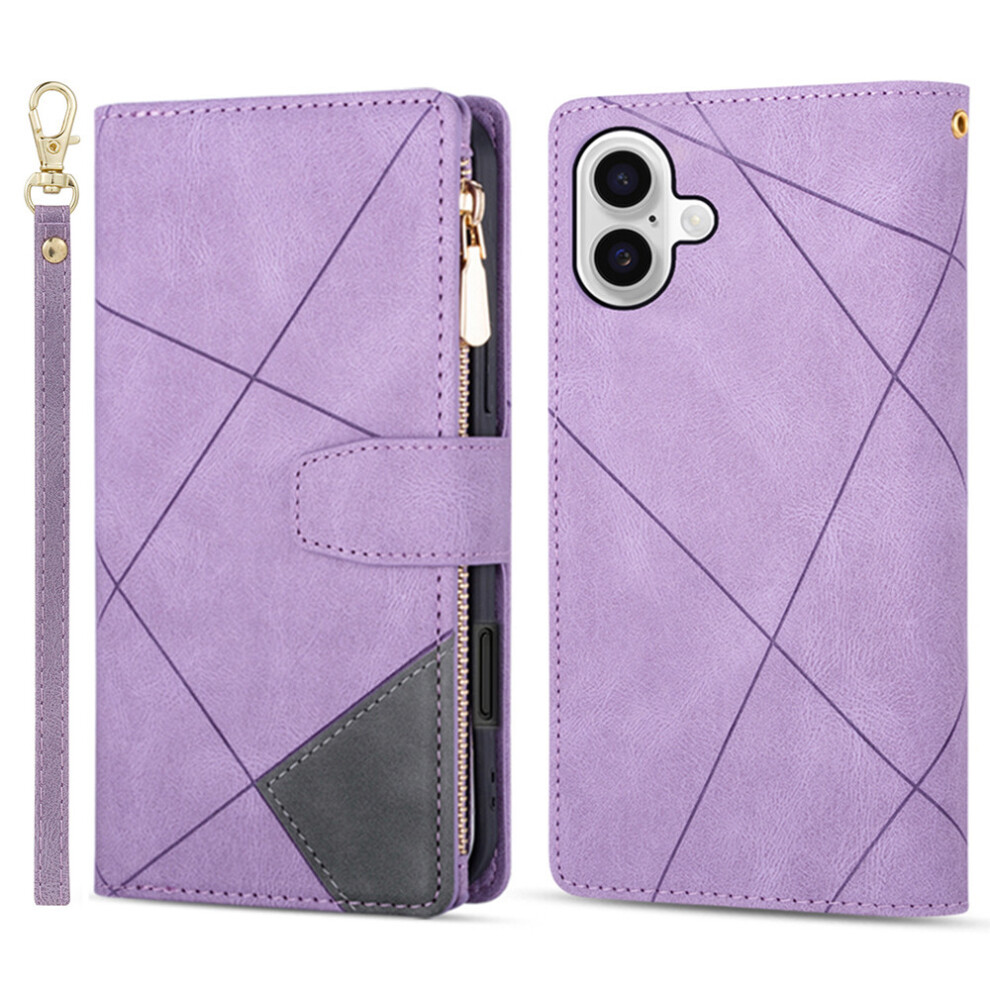 (iPhone 17, Purple) For iPhone 17 Wallet Case Color Splicing Leather Phone Cover with Stand