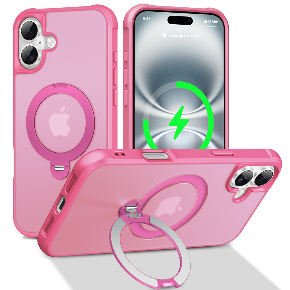 (Iphone 16, Rose) For Iphone 16 Case Compatible With Magsafe Rotatable Kickstand Tpu+Pc Shockproof Phone Cover 6914287329096