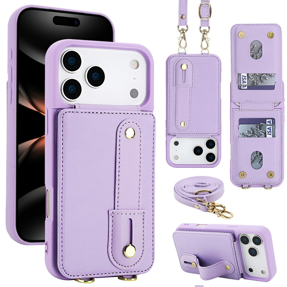 (Iphone 17 Pro Max, ) For Iphone 17 Pro Max Case Kickstand Card Slots Leather Coated Tpu Cover With Shoulder Strap Purple 6914288211000