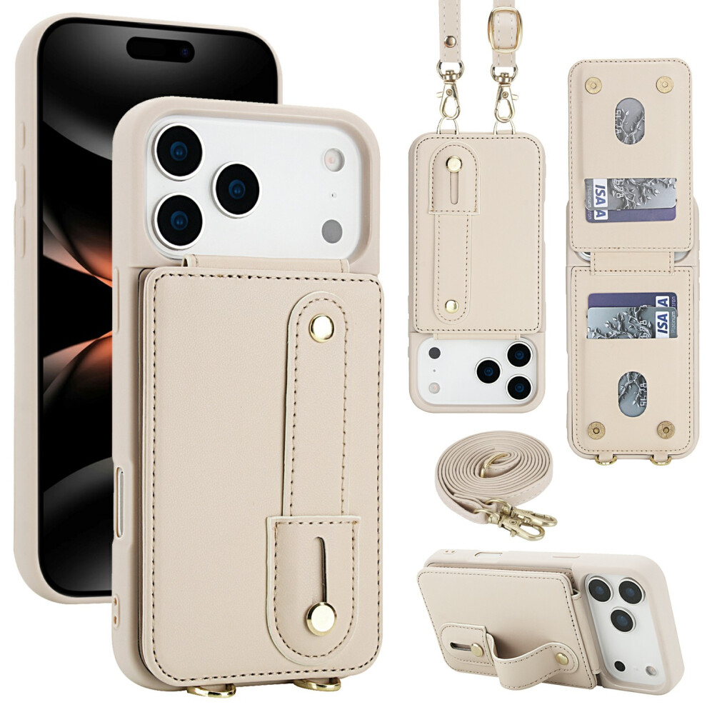 (Iphone 17 Pro Max, Beige) For Iphone 17 Pro Max Case Kickstand Card Slots Leather Coated Tpu Cover With Shoulder Strap Cream 6914283870295