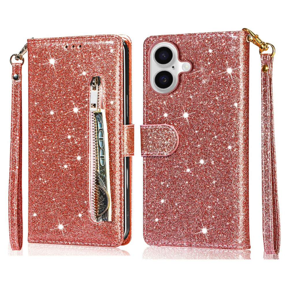 (Iphone 17, Rose ) For Iphone 17 Stand Case Glitter Phone Leather Cover Zipper Pocket Gold 6914287623026