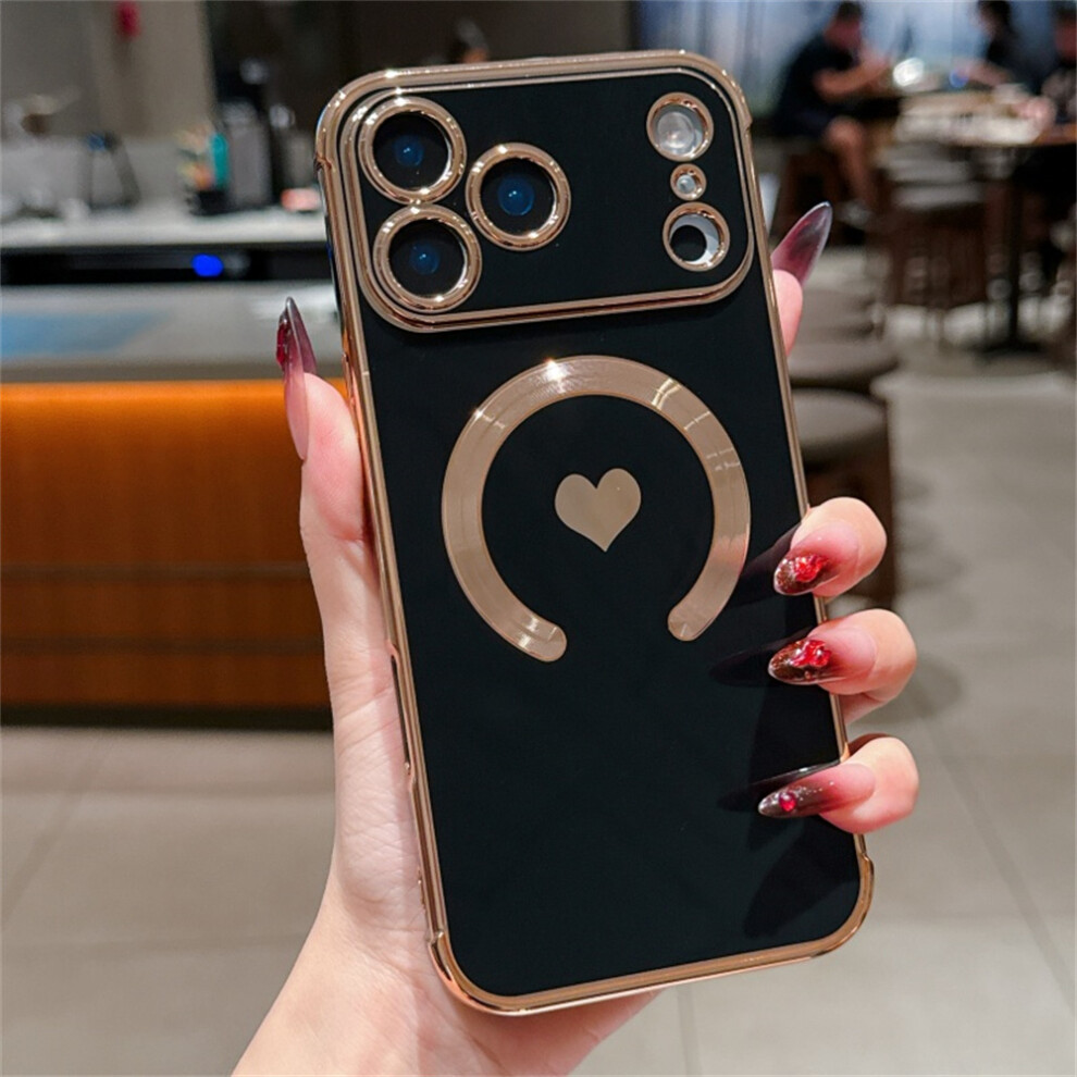 (Iphone 17 Pro, ) For Iphone 17 Pro Magnetic Case Electroplating Soft Tpu Cover With Cute Love Heart Black 6914289563016