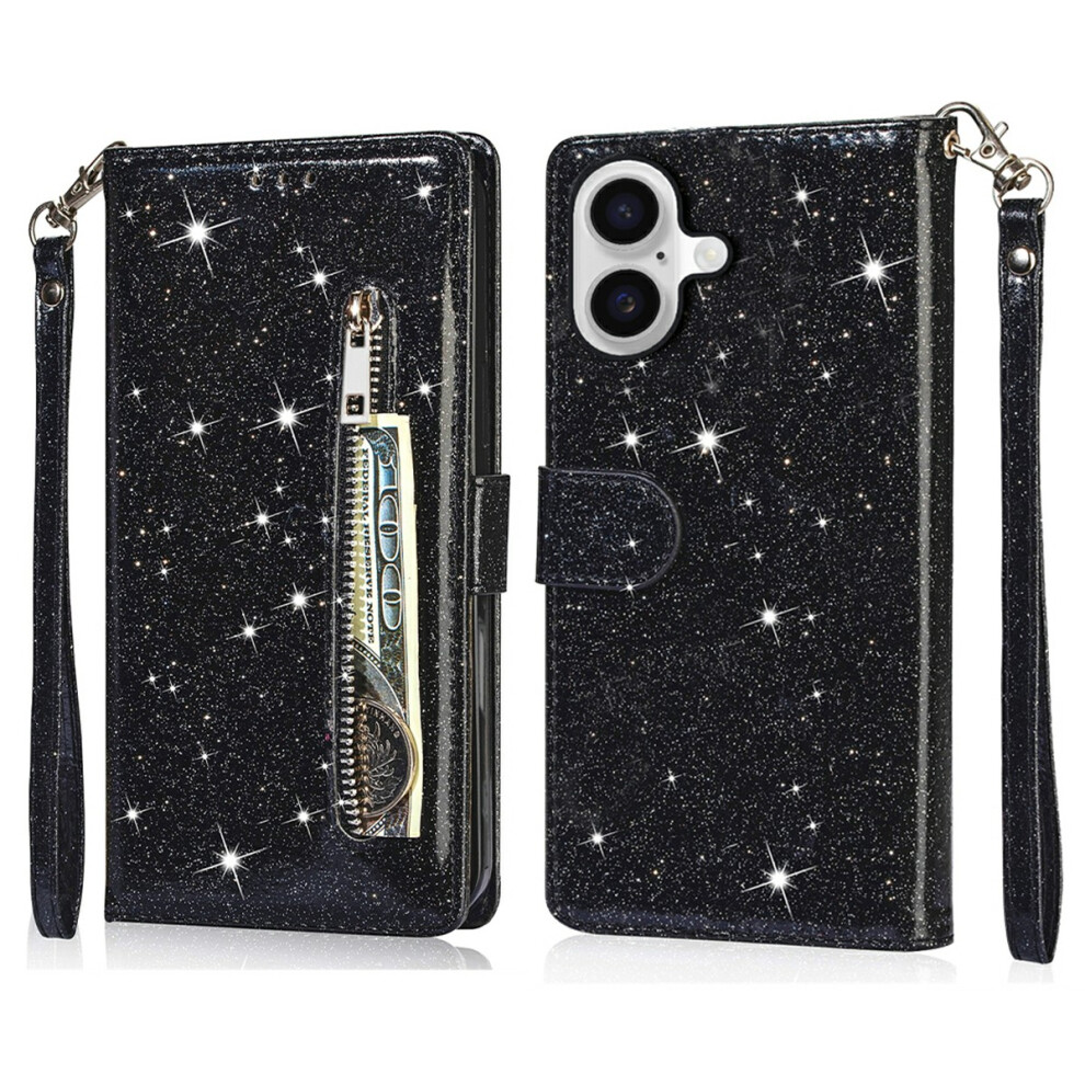 (Iphone 17, ) For Iphone 17 Stand Case Glitter Phone Leather Cover Zipper Pocket Black 6914282215097