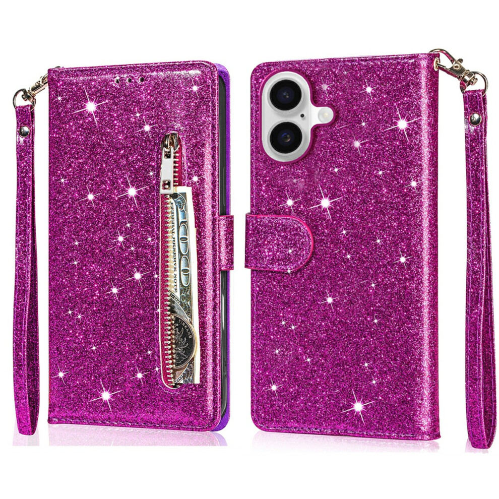 (Iphone 17, ) For Iphone 17 Stand Case Glitter Phone Leather Cover Zipper Pocket Purple 6914289391190