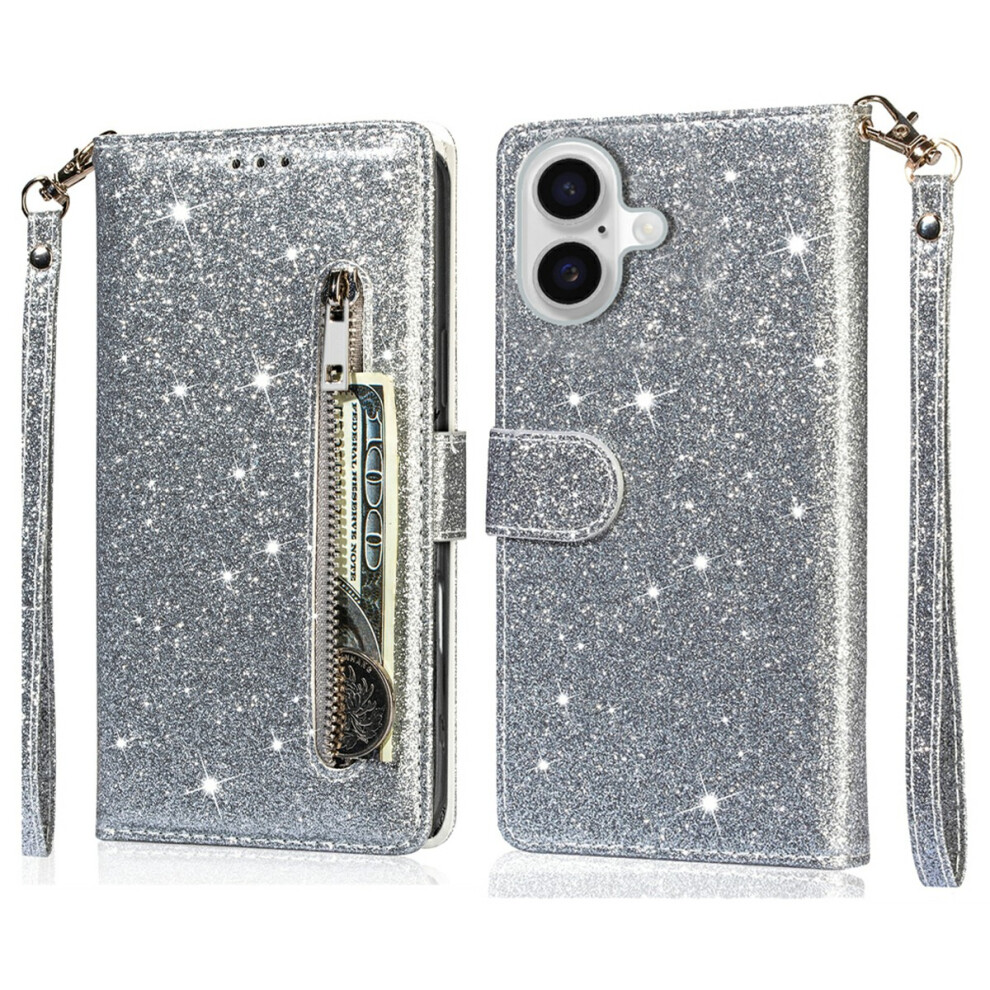(Iphone 17, ) For Iphone 17 Stand Case Glitter Phone Leather Cover Zipper Pocket Silver 6914287754997