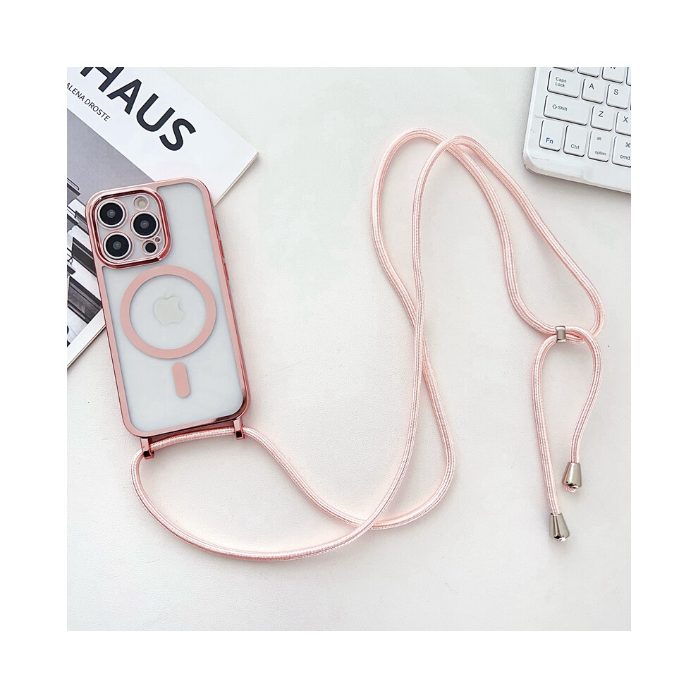 (Iphone 16 Pro, ) For Iphone 16 Pro Case Compatible With Magsafe Electroplating Edge Tpu Phone Cover With Shoulder Strap Pink 6914287906334