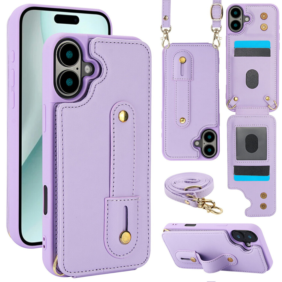 (Iphone 17, ) For Iphone 17 Case Kickstand Card Slots Leather Coated Tpu Cover With Shoulder Strap Purple 6914289036886