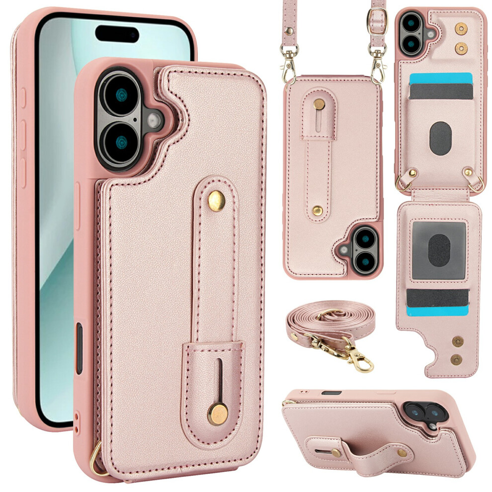 (Iphone 17, Rose ) For Iphone 17 Case Kickstand Card Slots Leather Coated Tpu Cover With Shoulder Strap Gold 6914286603494