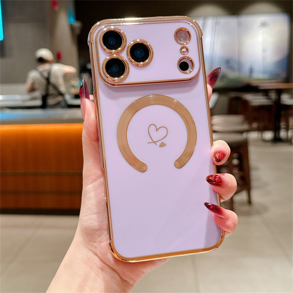 (Iphone 17 Pro Max, ) For Iphone 17 Pro Max Case Compatible With Magsafe Electroplated Tpu Phone Cover Hollow Love Hearts Purple 6914289006612