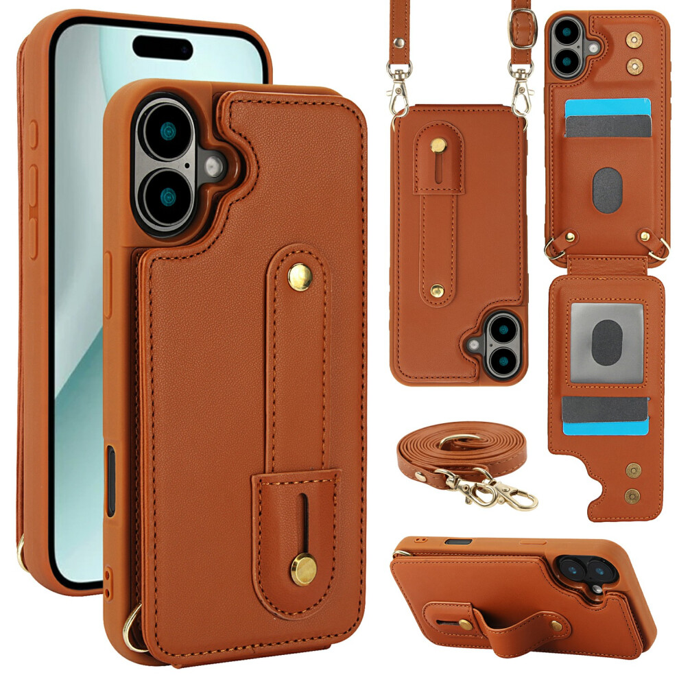 (Iphone 17, ) For Iphone 17 Case Kickstand Card Slots Leather Coated Tpu Cover With Shoulder Strap Brown 6914286292179