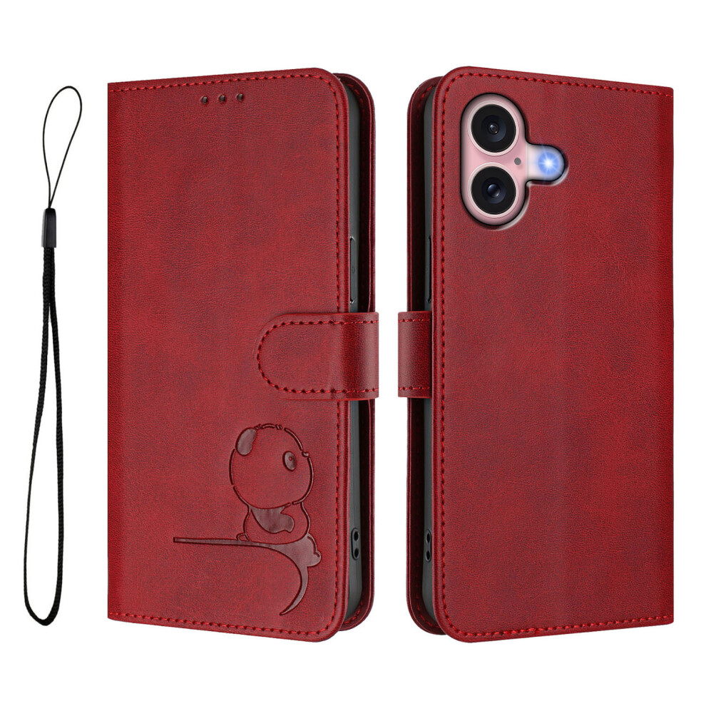 (Iphone 16, Wine ) For Iphone 16 Case Panda Imprint Rfid Blocking Wallet Leather Phone Cover With Wrist Strap Red 6914282311256